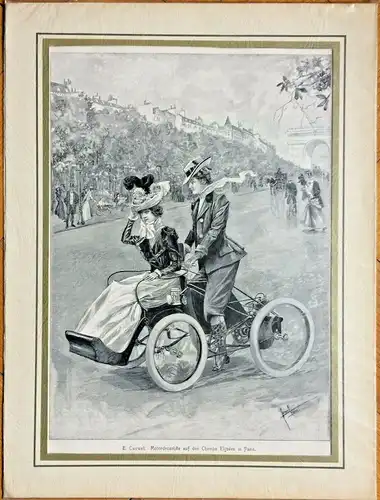 Schwarz-Weiß Druck „Motordroschke auf den Champs Elysees“ nach Edward Cucuel