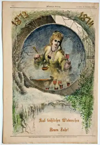 Colorierter Holzstich „Auf Fröhliches Wiedersehen im Neuen Jahr“ im Passepartout
