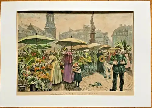 Colorierter Holzstich „Frühlingsblumenmarkt...“ im Passepartout von Curt Liebich