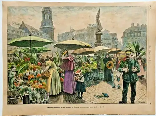 Colorierter Holzstich „Frühlingsblumenmarkt...“ im Passepartout von Curt Liebich