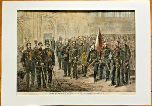 Colorierter Holzstich „OFFICERS AND PRIVATES...“ im Passepartout