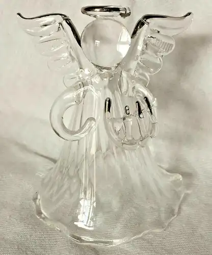 Filigraner Engel mit Musikinstrument aus transparentem Glas, ca. 1950er Jahre
