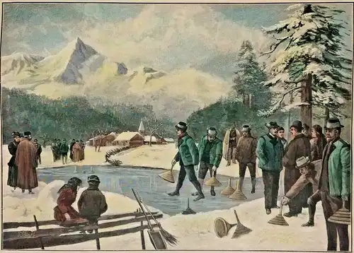 Colorierter Holzstich „Das Eisschießen in Steiermark“ nach Friedrich Schlegel
