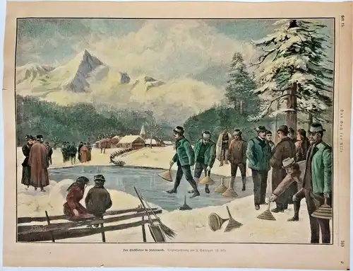 Colorierter Holzstich „Das Eisschießen in Steiermark“ nach Friedrich Schlegel