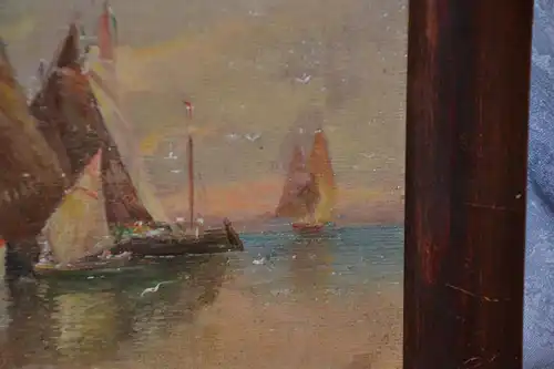 Ölbild auf Karton, Fischerboote,unleserl signiert,gerahmt, eines von zwei Bilder