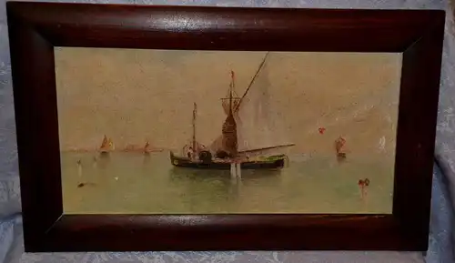 Ölbild auf Karton, Fischerboote,nicht signiert,gerahmt, eines von zwei Bilder