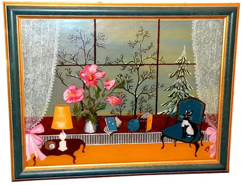 Hinterglasbild,auf 2 Glasplatten gemalt,Wintergarten, monogr. L. G. ,gerahmt