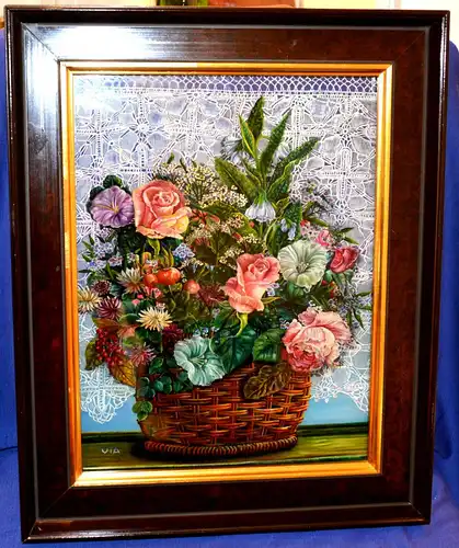 Hinterglasbild,Blumen in einem Korb,naive Malerei,sign.: UTA,gerahmt