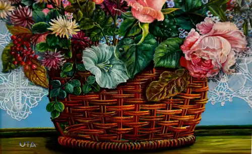 Hinterglasbild,Blumen in einem Korb,naive Malerei,sign.: UTA,gerahmt