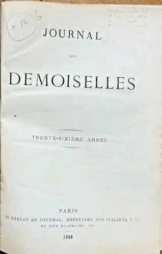 JOURNAL DES DEMOISELLES – TRENTE-SIXIEME ANNEE 1868