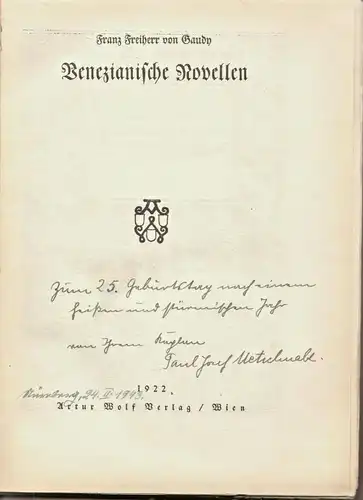 Franz Freiherr von Gaudy: VENEZIANISCHE NOVELLEN – wunderschönes Jugendstil-Buch