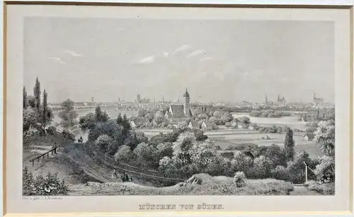 Stahlstich „MÜNCHEN VON SÜDEN“ von Arnold Meermann, gerahmt hinter Glas