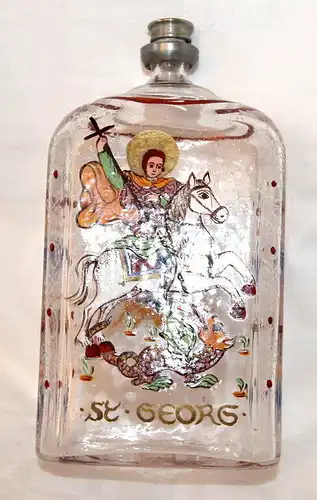 Schnapsflasche,mit Metall-Schraubverschluß,bemalt,St. Georg, nach hist.Vorbild