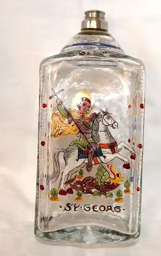 Schnapsflasche,mit Metall-Schraubverschluß,bemalt,St. Georg, nach hist.Vorbild