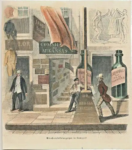 Colorierter Holzstich „Straßenplakatanzeiger in Newyork“