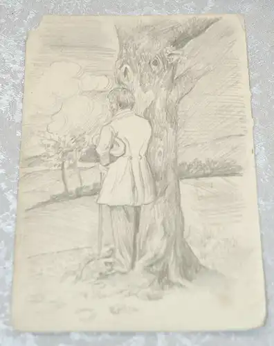 Bleistiftzeichnung,Mann lehnt an einem Baum,Landschaft,wohl 19.Jhdt.