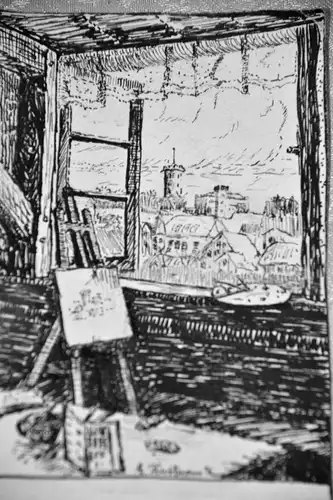 Tuschezeichnung,Blick durchs Fenster,sign.E.Dustmann
