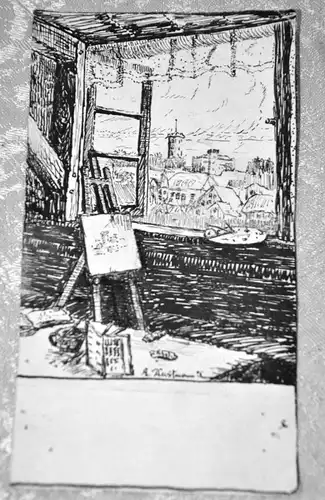 Tuschezeichnung,Blick durchs Fenster,sign.E.Dustmann