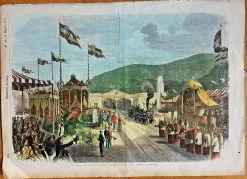Colorierter Holzstich „Die Eröffnung der triester Eisenbahn:...“, 1857