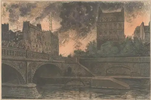 Colorierter Holzstich „Das brennende Paris“ signiert G. Dreher