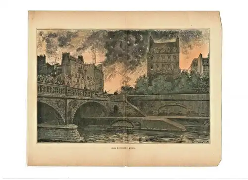 Colorierter Holzstich „Das brennende Paris“ signiert G. Dreher