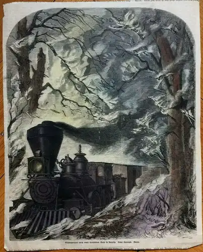 Colorierter Holzstich „Eisenbahnfahrt durch einen brennenden Wald in Amerika"
