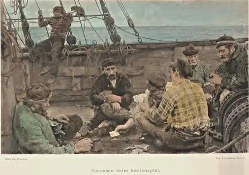 Colorierte Lithographie „Matrosen beim Kartenspiel“ nach  Henry Scott Tuke