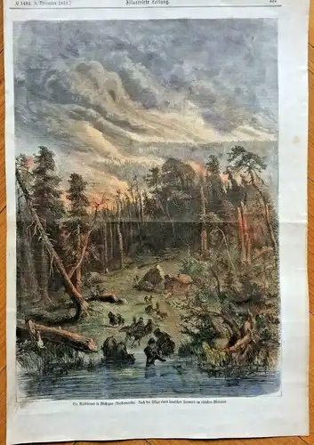 Colorierter Holzstich „Ein Waldbrand in Michigan“