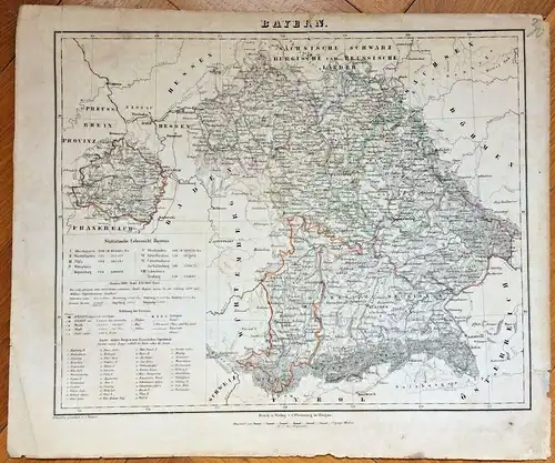 BAYERN - Karte von "Bayern" mit der Rheinpfalz um 1850