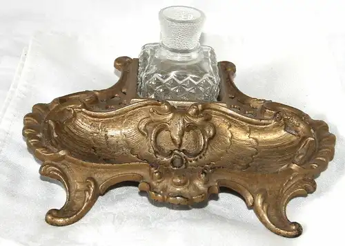 Schreibtischset,Metall,goldfarben,großem Glas, ca 1870