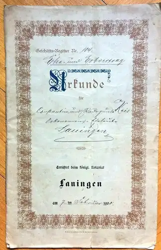 Original Ehe- und Erbvertrag des königlichen Notariats Lauingen 1900