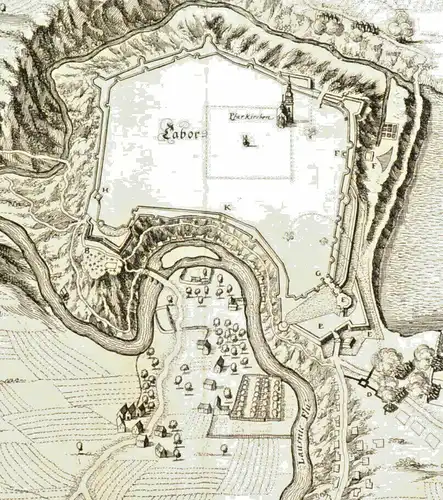 Kupferstich ,Tabor in Böhmen, samt kaiserlicher Belagerung 1648,Merian