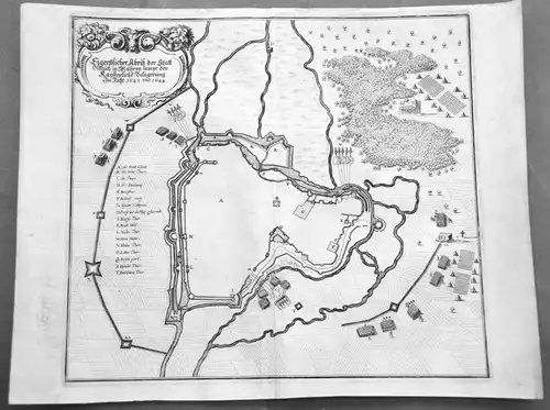 Kupferstich ,Olmütz in Mähren, samt kaiserlicher Belagerung 1643 u 1644,Merian