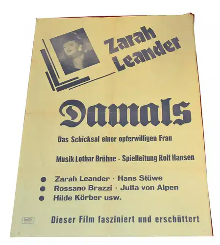 Filmplakat, DAMALS, Zarah Leander,Regie Rolf Hansen