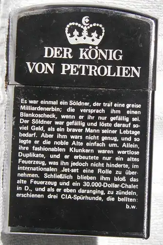 Großes Sturm Benzin - Tischfeuerzeug mit dem Spruch Der König von Petrolien....