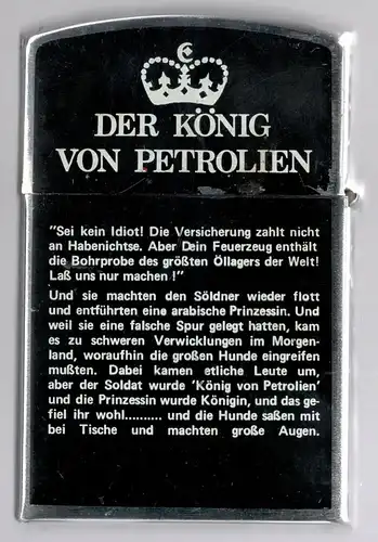 Großes Sturm Benzin - Tischfeuerzeug mit dem Spruch Der König von Petrolien....