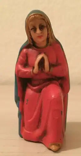 Krippenfigur,kniende Maria, türkis-rot bemalt, Kunststoff