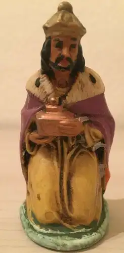 Krippenfigur,kniende König, lila- gelb bemalt, Keramik
