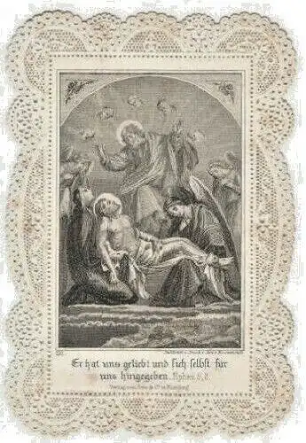 Andachtsbildchen mit Stahlstich Grablegung, Verlag von Serz & Co in Nürnberg1850