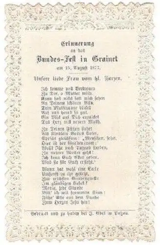 Andachtsbildchen „Erinnerung an das Bundes-Fest in Grainet am 15. August 1877“