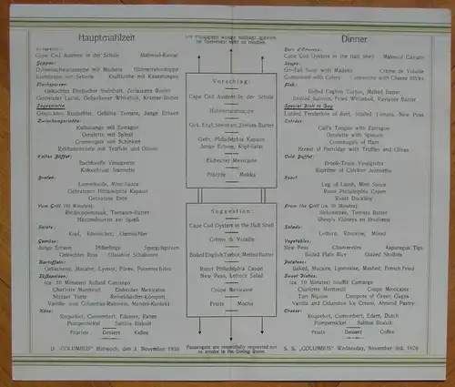 Norddeutscher Lloyd Bremen – Speisekarte für Hauptmahlzeit und Musikprogramm