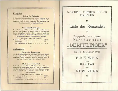 Norddeutscher Lloyd Bremen – Informationen zu einer Reise ab 18.9.1926