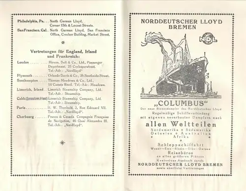 Norddeutscher Lloyd Bremen – Informationen zu einer Reise ab 18.9.1926