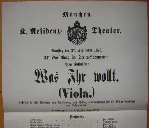 Theaterblatt William Shakespeare: „Was Ihr wollt“ der Aufführung vom 27.9.1873