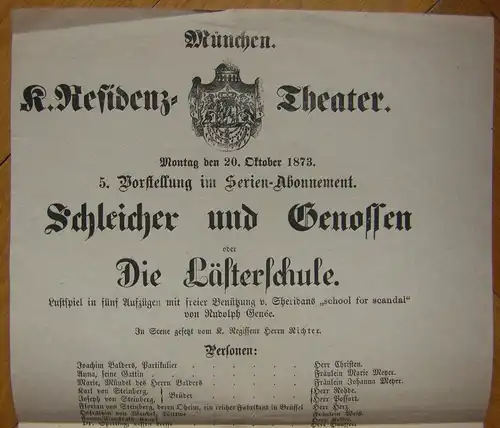 Theaterblatt Rudolph Genee:„Schleicher u.Genossen“ od. „Die Lästerschule“München