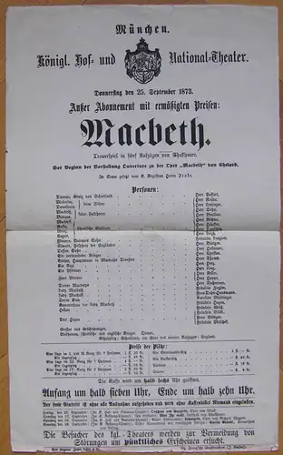 Theaterblatt William Shakespeare: „Macbeth“ Aufführung v. 25. Sept. 1873,München