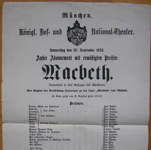 Theaterblatt William Shakespeare: „Macbeth“ Aufführung v. 25. Sept. 1873,München