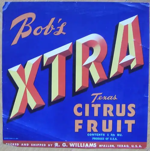 FRUIT / VEGETABLES LABEL Bob's XTRA Texas CITRUS FRUIT