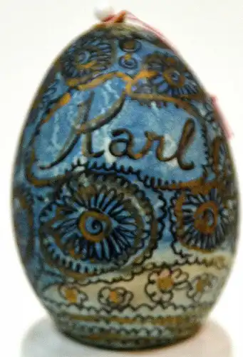 Osterei;blau mit schwarzen Ornamenten u.mit " Karl" sowie "14" bezeichnet,v.1945