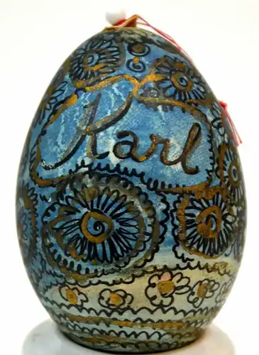 Osterei;blau mit schwarzen Ornamenten u.mit " Karl" sowie "14" bezeichnet,v.1945